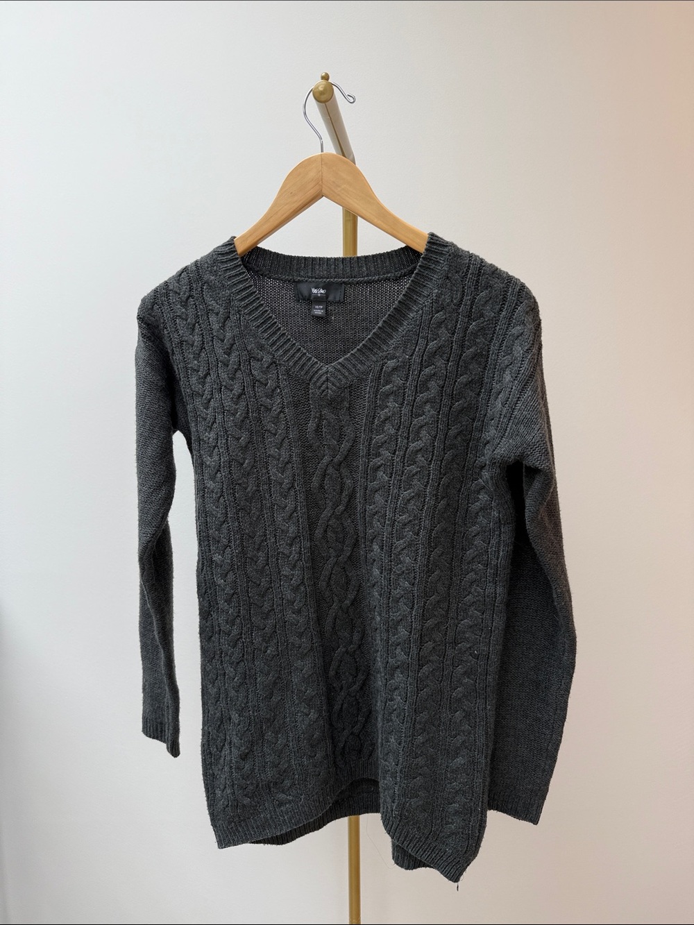 Oversized Cable Knit Charcoal Grey Womens V-Neck Sweater XS